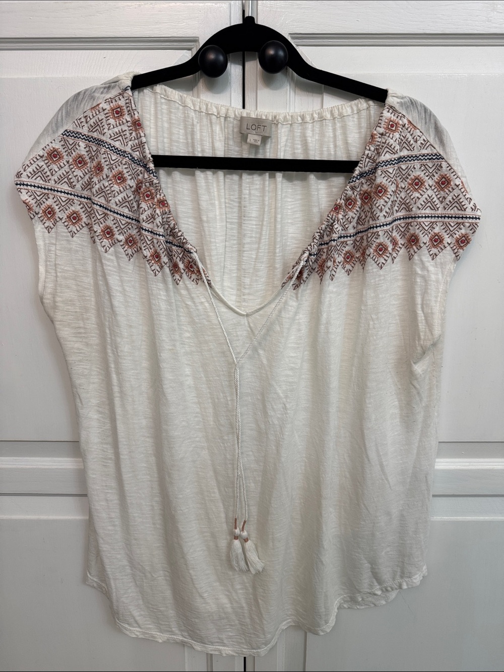 LOFT Cream Embroidered Tie-Front Cap Sleeve Blouse Cottagecore Boho size L